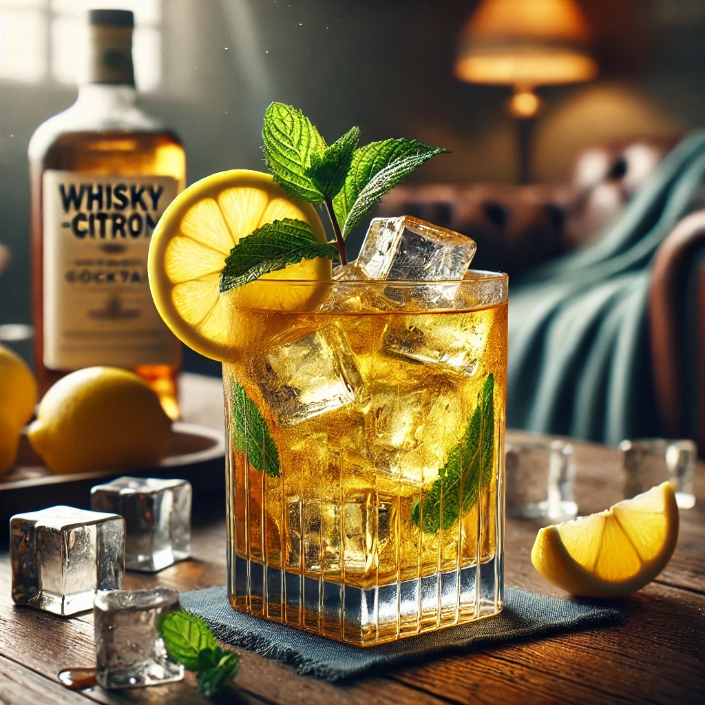DALL·E 2024-09-01 12.52.21 - A realistic image of a whisky-citron cocktail served in a tall glass. The cocktail is made with quality whisky, lemon syrup with whisky, and garnished